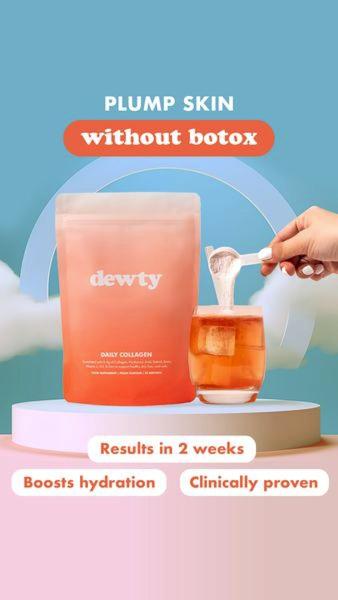 A vertical ad creative featuring a bag of Daily Collagen powder alongside a prepared drink, highlighting the 'no botox' benefit claim.